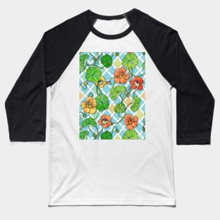 Climbing Nasturtiums on Blue and White Baseball T-Shirt